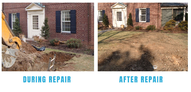 A side by side comparison showing a trench during the sewer repair, and the yard after the repair