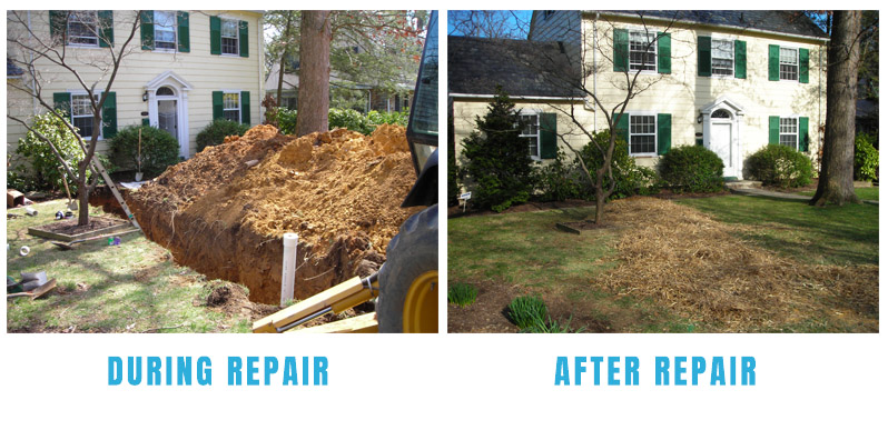 Comparison of the trench dug during a sewer repair and the lawn after backfilling and putting down hay